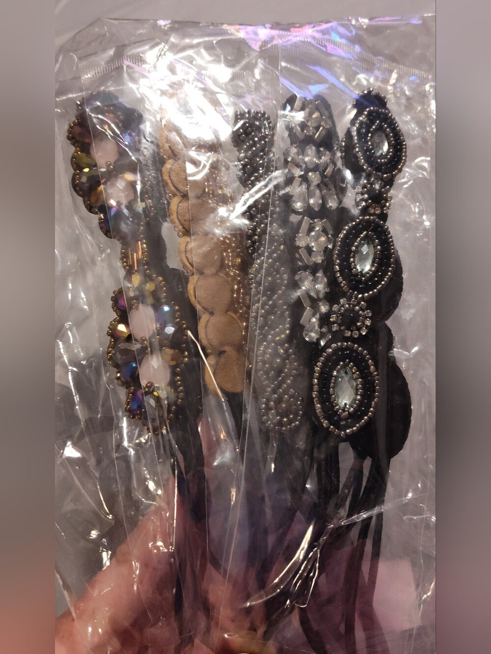 NWT! Set Of 5 Embellished Beaded Headbands - Black, Gold, Iridescent